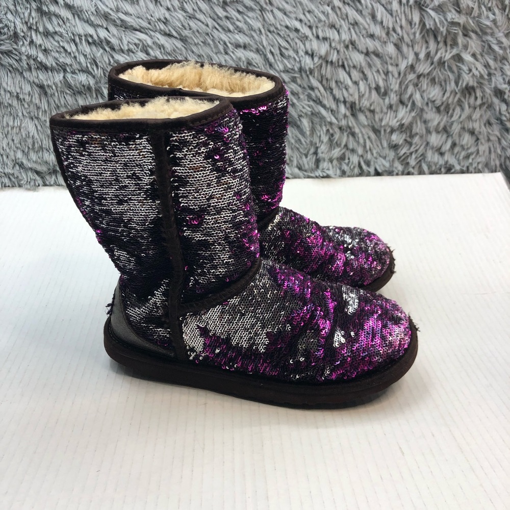 Ugg Boots Womens 5 Classic Short Sparkle Silver Purple Sequins Sheepskin Rare